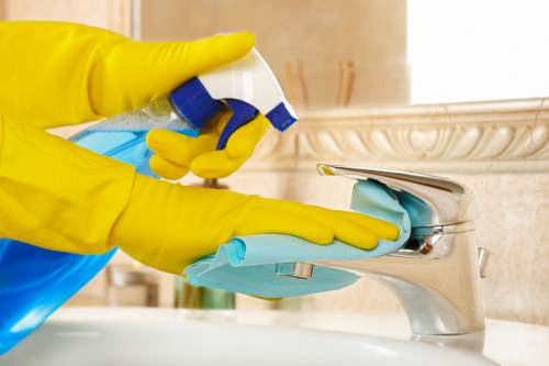 Local cleaners preparing cupboards and surfaces in a Streatham flat